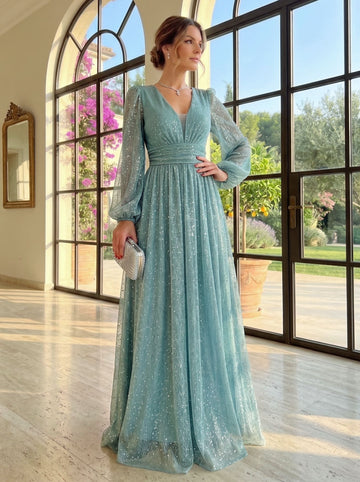 A-Line/Princess V Neck Floor-Length Long Sleeves Party Dresses Wedding Guest Dress