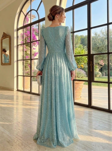A-Line/Princess V Neck Floor-Length Long Sleeves Party Dresses Wedding Guest Dress