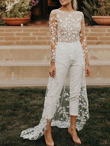 Long Sleeves Scoop Wedding Pant Suit Styles with Flower