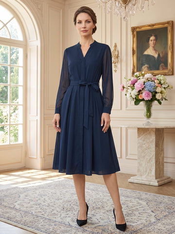 A Line/Princess V Neck Long Sleeves Wedding Guest Dress Midi Dress