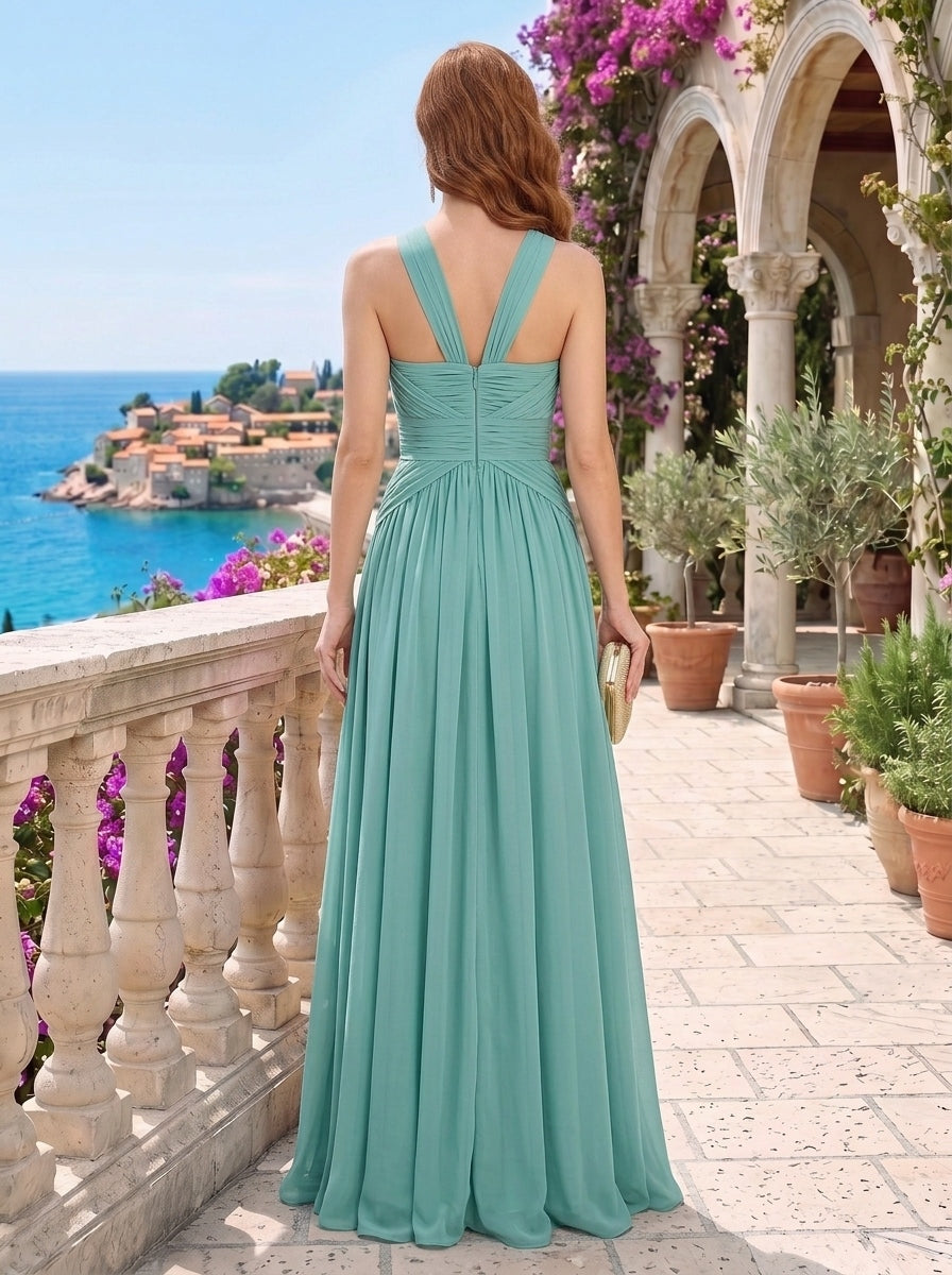 A Line/Princess Halter Neck  Sleeveless Elegant Floor-Length Wedding Guest Dress