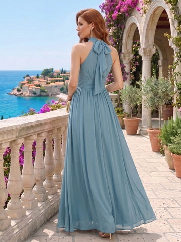 A Line/Princess Halter Neck  Sleeveless Elegant Floor-Length Wedding Guest Dress