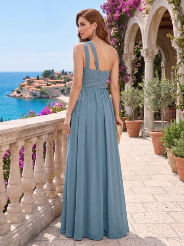 A Line/Princess One Shoulder Sleeveless Floor-Length Wedding Guest Dress