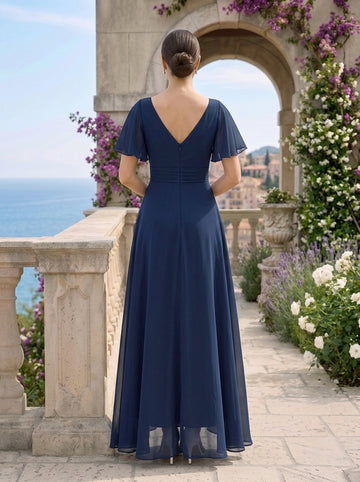 A Line/Princess V Neck Short Sleeves Asymmetrical Wedding Guest Dress