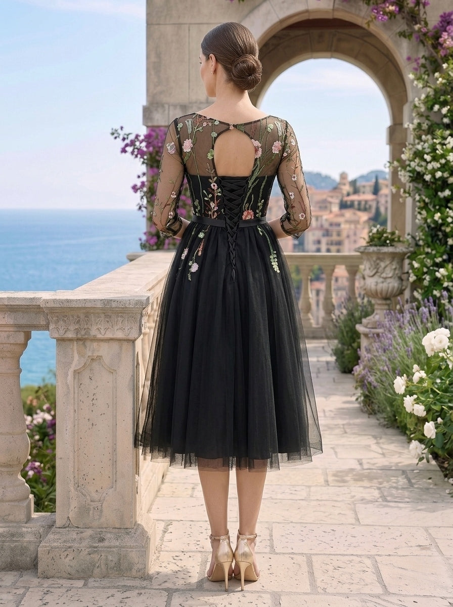 A Line/Princess Illusion Neck Short Sleeves Knee Length Wedding Guest Dress with Embroidery Appliques
