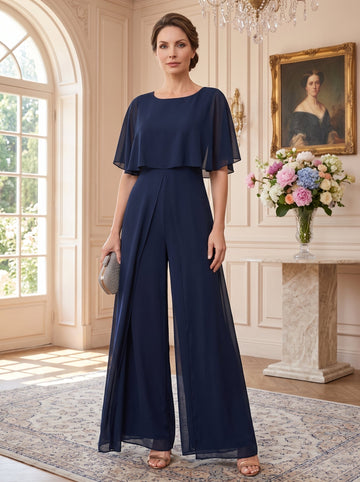 Jumpsuits Short Sleeves Jewel Neck Wedding Guest Dress with Fringe