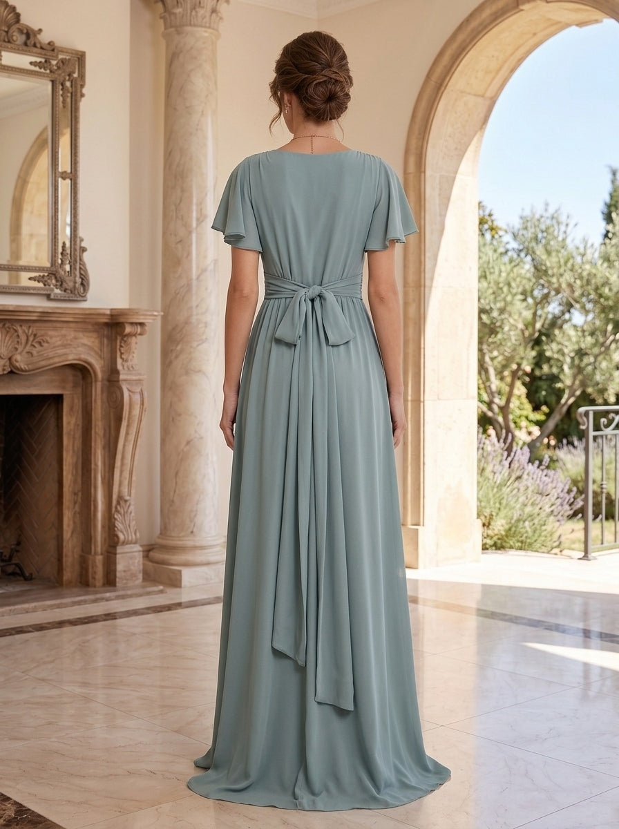 A-Line/Princess V-Neck Short Sleeves Floor-Length Chiffon Wedding Guest Dresses