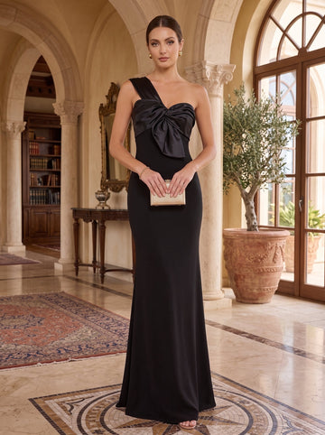 Sheath/Column One Shoulder Floor Length Sleeveless  Wedding Guest Dresses Stretch Crepe with Bow(s)
