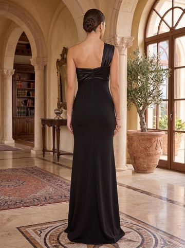 Sheath/Column One Shoulder Floor Length Sleeveless  Wedding Guest Dresses Stretch Crepe with Bow(s)
