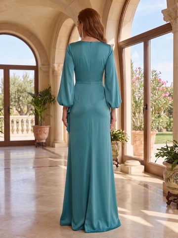 A-Line  Floor Length Long Sleeve V Neck Wedding Guest Dresses Tie Charmeuse with Ruched