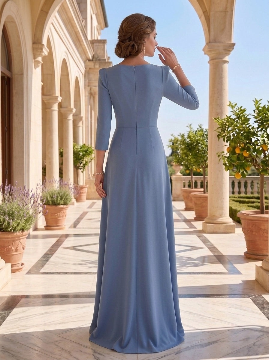 Sheath/Column  Floor Length 3/4 Length Sleeve V Neck  Wedding Guest Dresses with Criss Cross Ruched