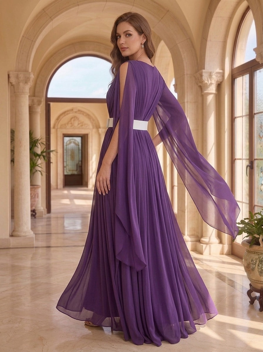 A-Line Floor Length Long Sleeve V Neck Wedding Guest Dresses  Chiffon with Belt