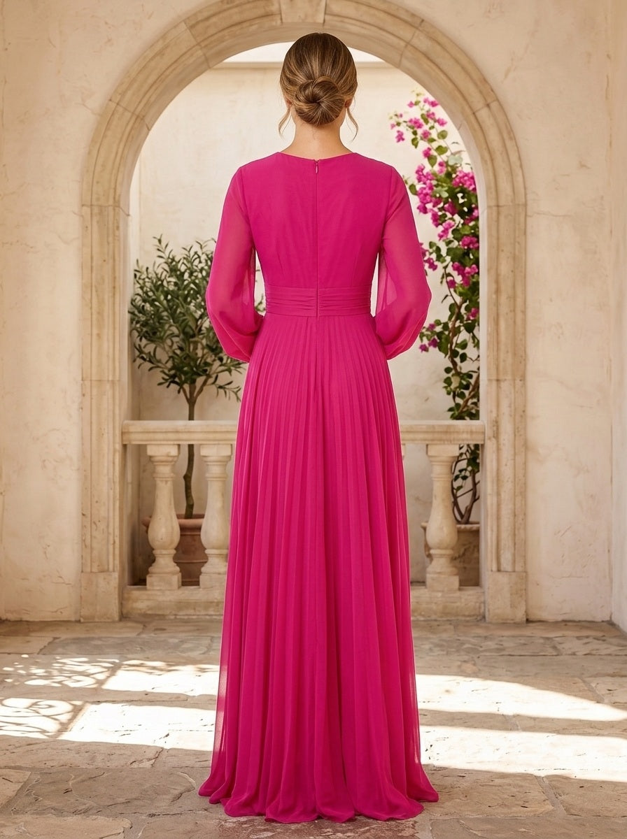 A-Line Floor Length Long Sleeve V Neck Wedding Guest Dresses  Chiffon with Pleat