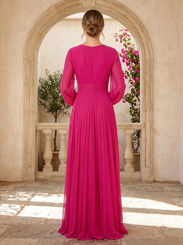 A-Line Floor Length Long Sleeve V Neck Wedding Guest Dresses  Chiffon with Pleat