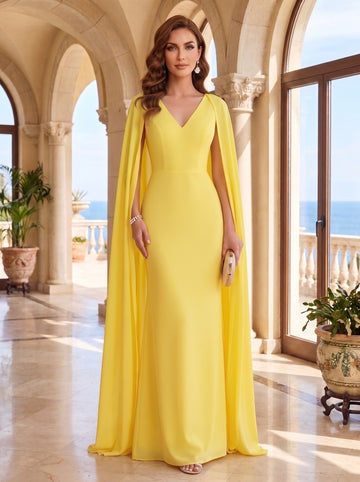 Sheath/Column Floor Length Sleeveless V Neck Wedding Guest Dresses  Stretch Chiffon with Shawl