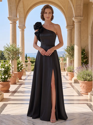 A-Line Floor Length Sleeveless One Shoulder Wedding Guest Dress   Satin with Pocket Shoulder Flower