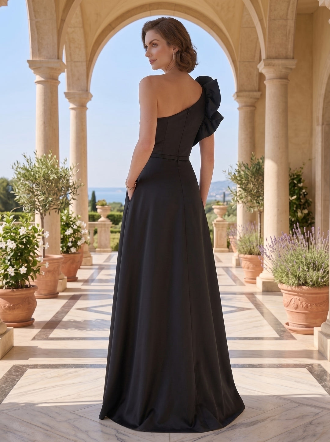 A-Line Floor Length Sleeveless One Shoulder Wedding Guest Dress   Satin with Pocket Shoulder Flower