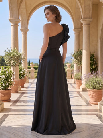 A-Line Floor Length Sleeveless One Shoulder Wedding Guest Dress   Satin with Pocket Shoulder Flower