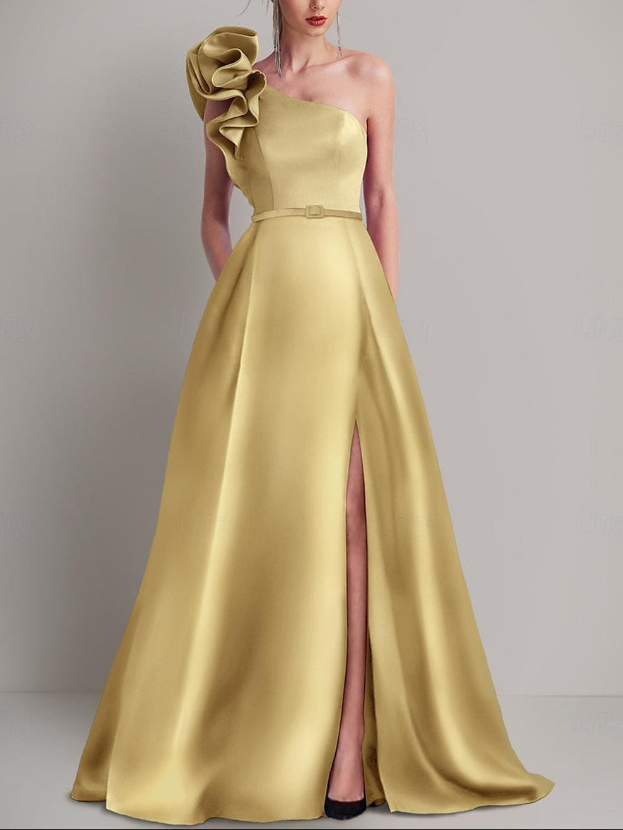 A-Line Floor Length Sleeveless One Shoulder Wedding Guest Dress   Satin with Pocket Shoulder Flower