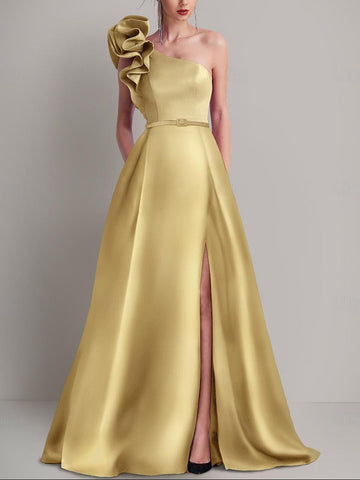 A-Line Floor Length Sleeveless One Shoulder Wedding Guest Dress   Satin with Pocket Shoulder Flower