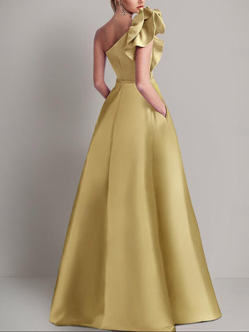 A-Line Floor Length Sleeveless One Shoulder Wedding Guest Dress   Satin with Pocket Shoulder Flower