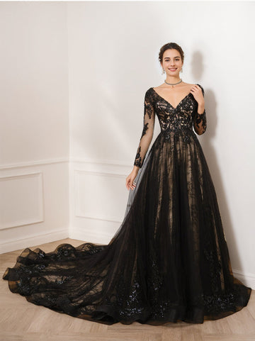 A-Line/Princess V-Neck Long Sleeves Tulle Wedding Dress with Appliques & Beading