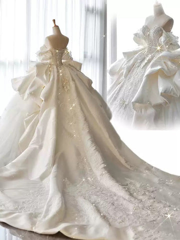 Ball Gown Off-the-Shoulder White Satin Wedding Dresses with Appliques & Beadings