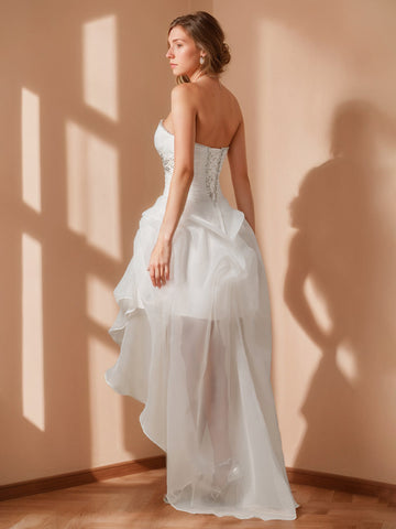 A-Line/Princess Strapless Sleeveless Asymmetrical Wedding Dress with Beading & Lace