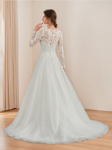 A-Line/Princess Scoop Neck Long Sleeves Floor-length Lace Wedding Dress with Appliques