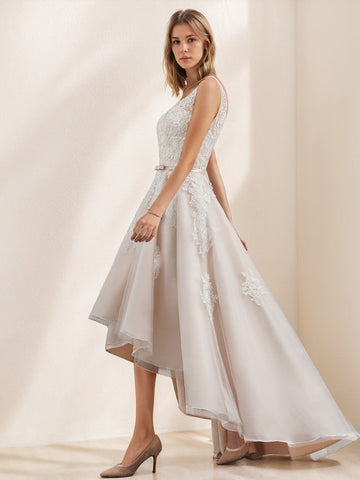 A-Line/Princess V-Neck Sleeveless Asymmetrical  Wedding Dress With Appliques