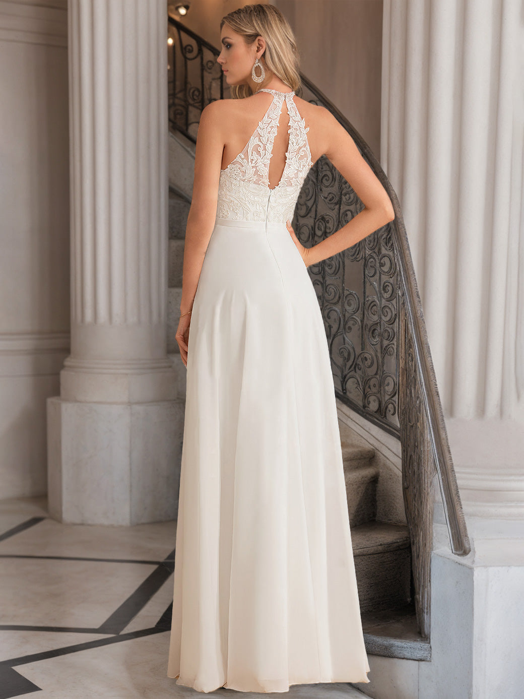 A-Line/Princess Halter Neck Sleeveless Floor-Length Wedding Dress with Lace Embroidery