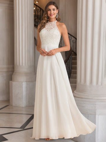 A-Line/Princess Halter Neck Sleeveless Floor-Length Wedding Dress with Lace Embroidery