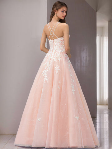 A-Line/Princess Spaghetti Straps Sleeveless Floor-Length Wedding Dress with Appliques & Lace