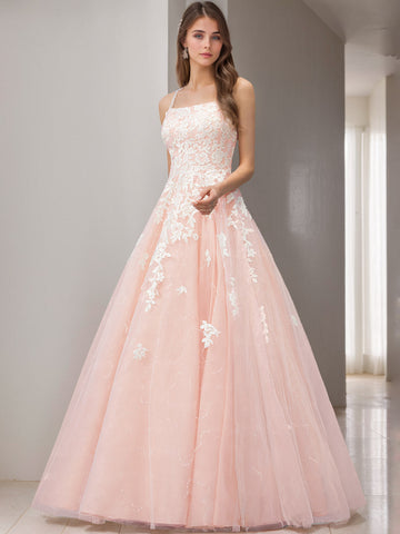 A-Line/Princess Spaghetti Straps Sleeveless Floor-Length Wedding Dress with Appliques & Lace