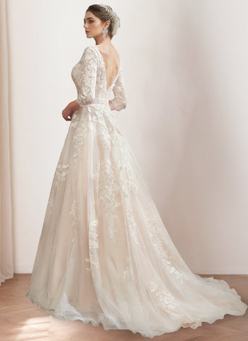 A Line/Princess V-Neck 3/4 Length Sleeves Floor-length Wedding Dress with Lace Embroidery