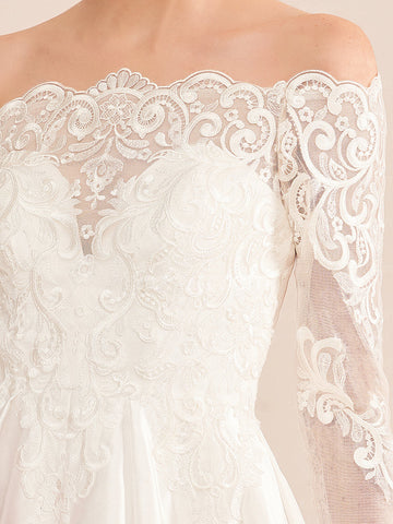A-Line/Princess Off-the-Shoulder Long-Length Floor-Length Lace Wedding Dress with Appliques