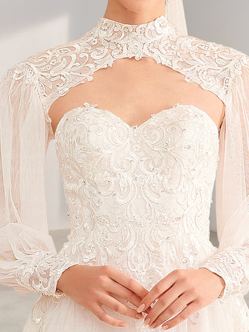 A-Line/Princess Halter Neck Long Sleeves Floor-Length Long Wedding Dress with Lace & Appliques