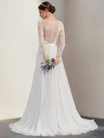 A-Line/Princess Deep V-Neck Long Sleeves Floor-Length Unique Wedding Dress with Lace Appliques
