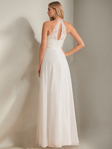 A-Line/Princess Halter Neck Sleeveless Floor-Length Wedding Dress with Lace Appliques