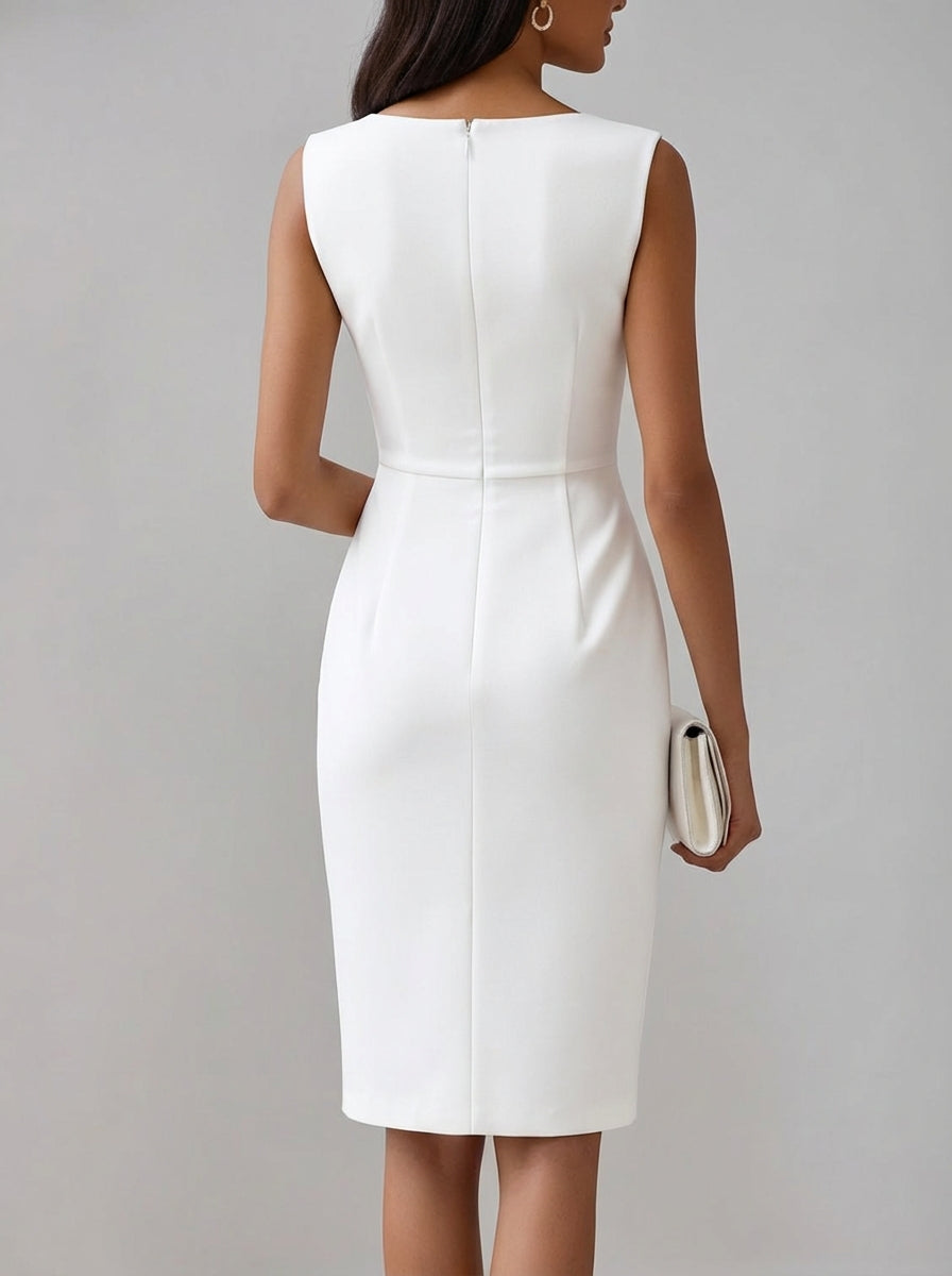 Sheath/Column Crew Neck Sleeveless Knee Length Wedding Dress with Bow & Ruffles