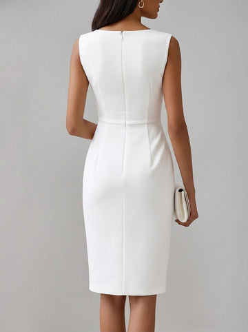 Sheath/Column Crew Neck Sleeveless Knee Length Wedding Dress with Bow & Ruffles