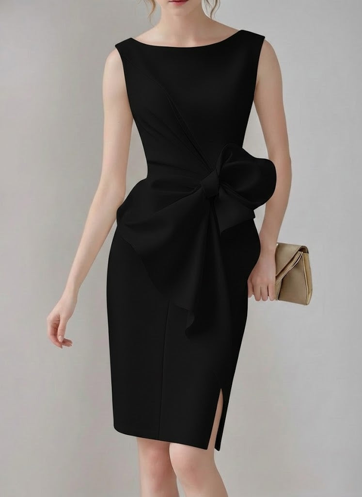 Sheath/Column Crew Neck Sleeveless Knee Length Wedding Dress with Bow & Ruffles
