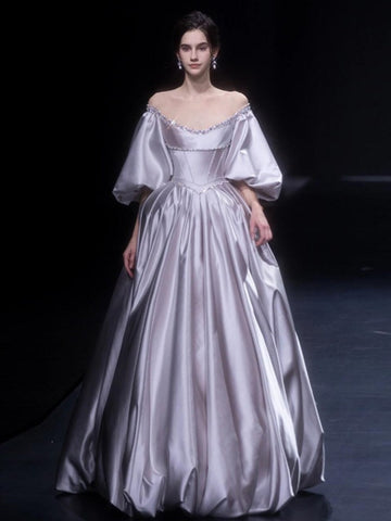 A-line/Princess Off-the-shoulder Puff Sleeves Floor-Length Pleated Wedding Dresses with Crystals