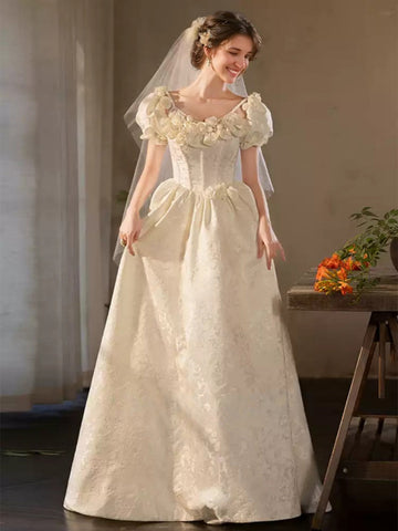 A-line/Princess Spaghetti Straps Puff Sleeves Wedding Dresses with Embroidery & 3D Flowers & Lace-up & Pearls & Lace