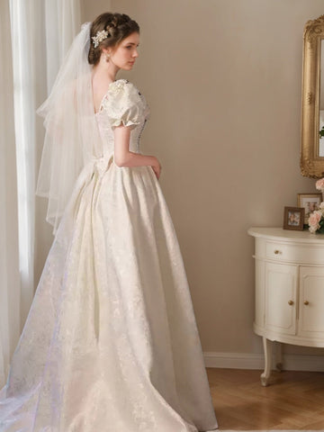 A-line/Princess Spaghetti Straps Puff Sleeves Wedding Dresses with Embroidery & 3D Flowers & Lace-up & Pearls & Lace