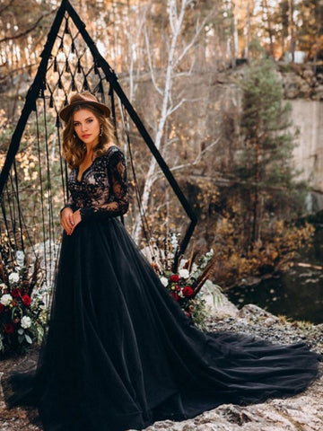 A-line/Princess Sexy V-Neck Long Sleeves Black Wedding Dresses with Lace