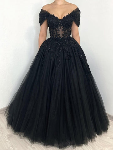 A-line/Princess Off-the-Shoulder Short Sleeves Floor-Length Black Wedding Dresses with Lace Appliques & Lace-Up & Crystals