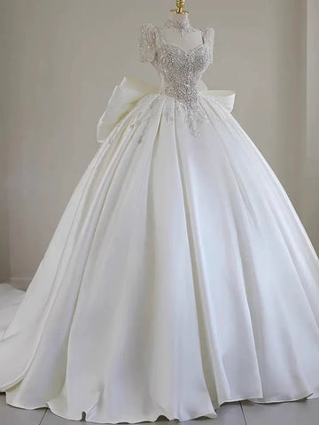 Ball Gown Sweetheart Short Sleeves Floor-Length Wedding Dresses with Lace Appliques & Beads & Oversized Bow