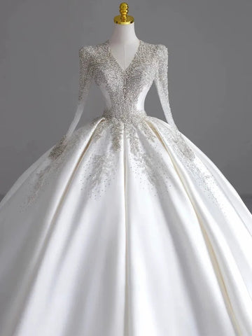 Ball Gown V-Neck Long Sleeves Pleated Floor-Length Wedding Dresses with Jewel Appliques