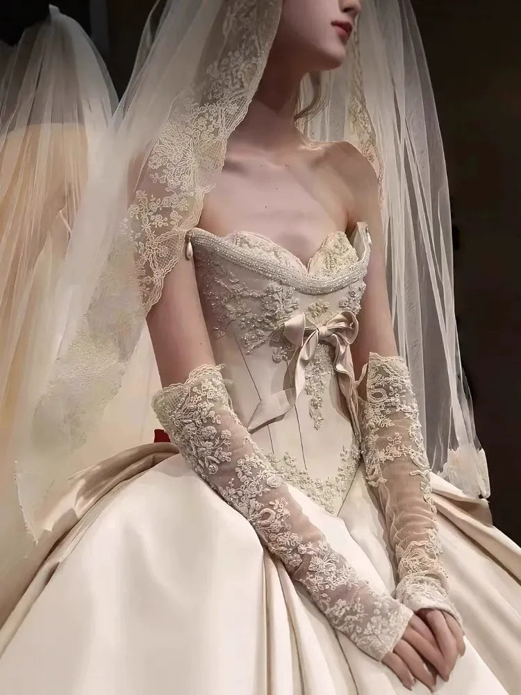 Ball Gown Off-The-Shoulder Floor-Length Pleated Wedding Dresses with Jewel Appliques & Bow